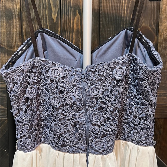 Jodi Kristopher Lace Hi Low Beaded Dress 5 Blue Ivory Shimmer Formal Fairy Prom - Picture 6 of 12